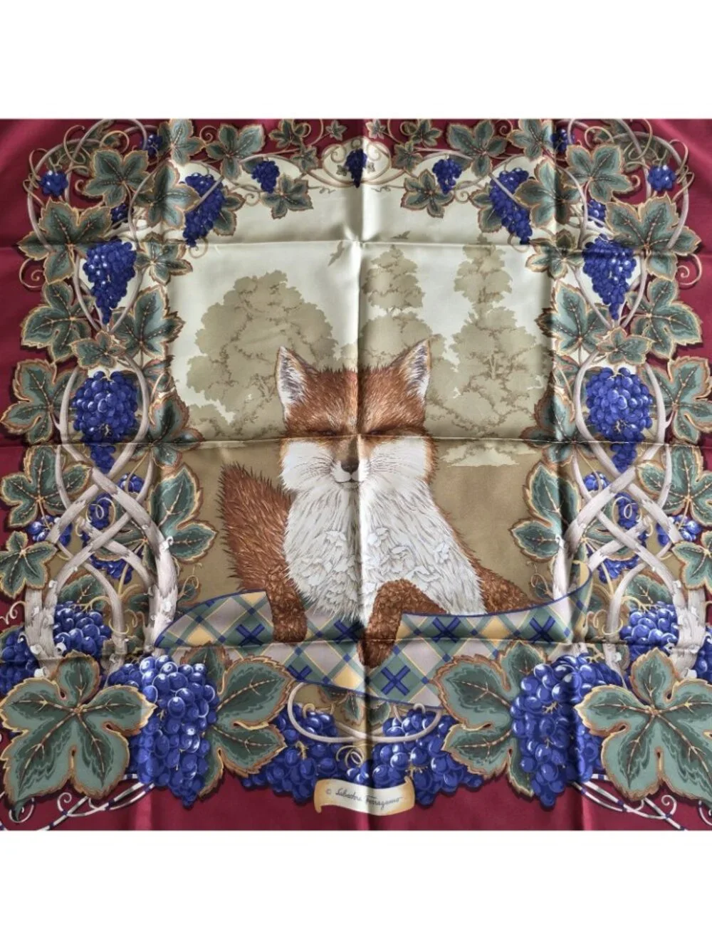 Vtg Salvatore Ferragamo Fox Grape Silk Floral Print Hand Rolled Scarf